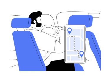 Soyut konsept vektör çizimini takip et. Taksi yolcusu yolu akıllı telefon uygulaması, ticari şehir taşıma emri, at sürme servisi soyut metaforu kullanarak kontrol ediyor.