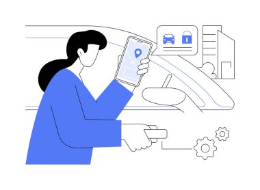 Bir araba paylaşımı konsept vektör illüstrasyonu açmak. Kadın araba paylaşım servisi akıllı telefon uygulaması, ticari şehir ulaşımı, kiralık şehir aracı soyut metaforu kullanarak bir araba açar..