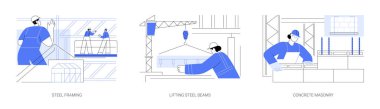 Ticari mülkiyet konsept vektör çizimi seti. Çelik çerçeve, çelik kirişler, beton duvarlar, inşaat alanı, kule vinç çalışmaları, duvar soyut metaforu.