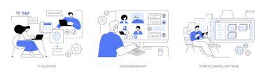 Takım çalışması teknolojileri soyut konsept vektör çizimi seti. IP telefonu, İnternet Protokolü üzerinden ses, video konferans uygulaması kullanan çeşitli insanlar, uzaktan kumanda yazılımı soyut metaforu.