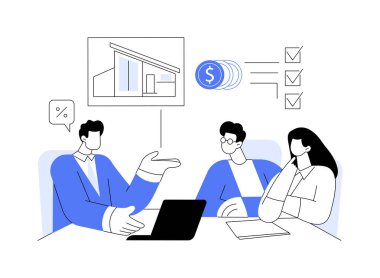 Emlakçı müşterilere soyut konsept vektör illüstrasyonunda danışmanlık yapıyor. Profesyonel emlakçı müşterilerle konuşuyor, borsa simsarlığı yapıyor, insanlara soyut metaforla ilgili danışmanlık yapıyor..
