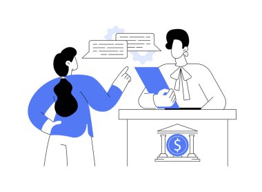Deneyimli banka personeli soyut konsept vektör çizimi. Tuğla ve havan topu personeliyle konuşan iş kadını, finans hizmetleri, iletişim fikri soyut metaforu.