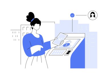 Kişisel hizmet banka terminali soyut konsept vektör çizimi. Kadın parayı terminal, masa dışı şube, para havalesi, fatura ödemeleri, tuğla ve havan topu bankası soyut metaforu ile aktarıyor.