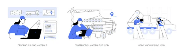 构造供应管理抽象概念向量图集 订购建筑材料 送货服务 重型机械装运 建筑工具和设备的抽象比喻 — 图库矢量图片