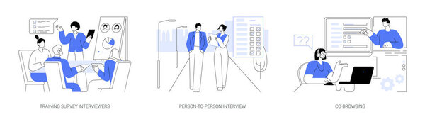 Opinion poll abstract concept vector illustration set. Training survey interviewers, person-to-person interview, co-browsing with respondent, sociological survey, social science abstract metaphor.