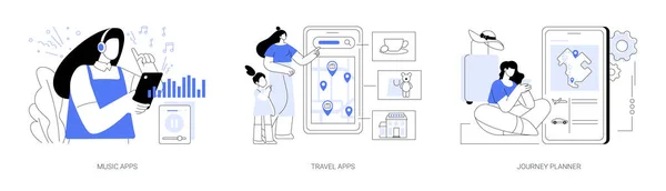 ライフスタイルアプリケーション抽象概念ベクトルイラストセット スマートフォンで音楽を聴く人 旅行アプリを使用して 格安航空券を見つける 旅行プランナーアプリケーション ソフトウェア抽象的なメタファー — ストックベクタ