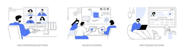 在线协作软件抽象概念向量图集 视频会议工具 一组不同的人使用远程白板笔记本电脑 时间跟踪应用程序抽象隐喻 — 图库矢量图片