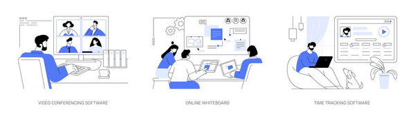 Online collaboration software abstract concept vector illustration set. Video conferencing tool, group of diverse people with laptops using remote whiteboard, time tracking app abstract metaphor.