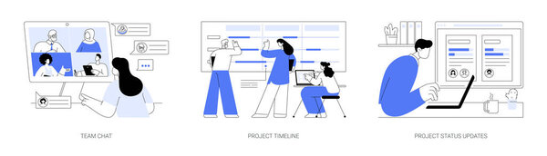 Project management tools abstract concept vector illustration set. Diverse colleagues talking via video chat, manage timeline online, get status update, collaboration software abstract metaphor.