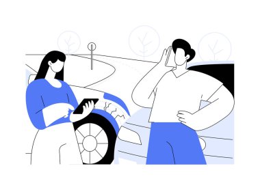 Araba kazası konsept vektör çizimi. Arabalar yolda çarpıştı, hasarlı ve bozuk kişisel ulaşım, otomobil arızası, acil yardım, trafik kazası soyut metafor.