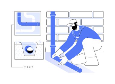 Atık boruları soyut konsept vektör çizimi. Profesyonel tamirci bir drenaj sistemi, kanalizasyon inşaatı, dış çalışmalar, pompalama ekipmanı soyut metaforu kurar.