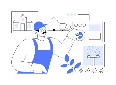 Akıllı sulama denetleyicisi soyut konsept vektör çizimi. Tamirci, kablosuz fıskiye, dış işlevler, akıllı fıskiye kontrolörü soyut metaforu ile akıllı bir fıskiye sistemi kurar.