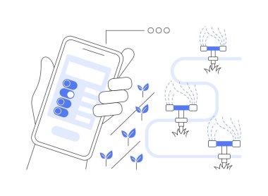 Fıskiye sistemi soyut konsept vektör illüstrasyonunu test ediyor. Akıllı telefon uygulaması, sulama göstergeleri, bahçe bakımı soyut metaforu kullanarak yeni fıskiye sistemini test eden tamirci..