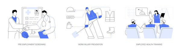 Workplace health abstract concept vector illustration set. Pre-employment screening, work injury prevention, employee health training, preventative occupational medicine abstract metaphor.