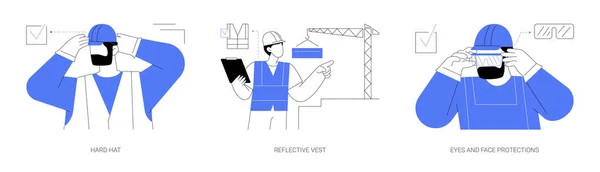 建設現場の個人用安全装置抽象的なコンセプトベクトルイラストセット ハード帽子 反射ベスト 目と顔の保護 請負業者の制服 保護されたレンズ抽象的なメタファー — ストックベクタ