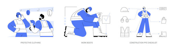 Construction protective equipment abstract concept vector illustration set. Protective clothing, work boots, construction PPE checklist, professional builder personal safety gear abstract metaphor.