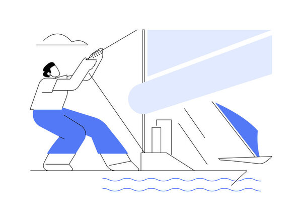 Setting a sail abstract concept vector illustration. Young man controls and adjusts the sails, personal yacht, boat owner, water transport, maritime vehicle, luxury vessel abstract metaphor.