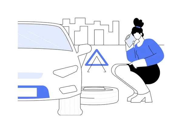 Flat Tire Problem Abstract Concept Vector Illustration Woman Smartphone Calls — Stock Vector