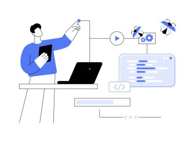 Otomatik test soyut konsept vektör çizimi. QA mühendisi otomatik yazılım testini, bilişim şirketi çalışanını, uygulama geliştirme sürecini, kalite güvencesi metaforunu kontrol eder.