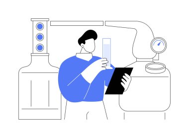 Ruh soyut konsept vektör illüstrasyonunu çözüyor. Fabrikada damıtma ruhu üreten endüstriyel işçiler, sert likör, alkol içeceği üretimi, içki üretimi soyut metafor..