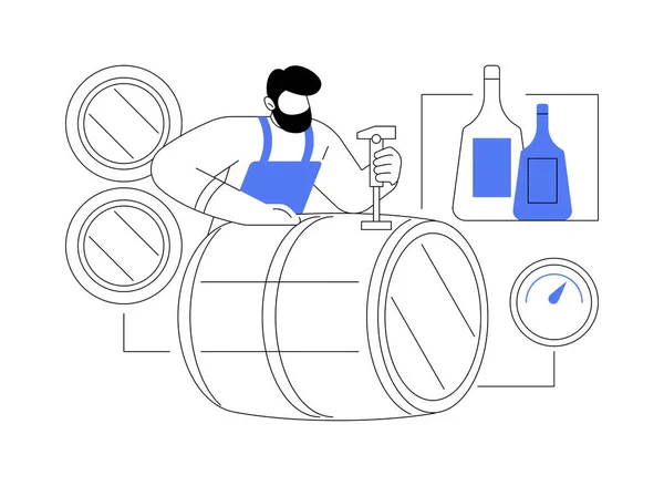 エイジングスピリット抽象的なコンセプトベクトルイラスト 労働者チェックバレルウイスキー 飲料生産 アルコール飲料製造業 ハード酒蒸留所抽象的なメタファー — ストックベクタ