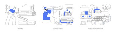 Soyut konsept vektör illüstrasyon seti ahşap hasat. Ağaç gövdesi sıçraması, kesitleri ulaşılabilir uzunluğa indirme, ağaçları tahta kamyona yükleme, kereste taşımacılığı soyut metafor.