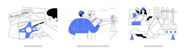 道路建設プロセス抽象的な概念ベクトルイラストセット 道路工学 高速道路計画 建設現場調査 発掘作業 インフラ構築抽象的なメタファー — ストックベクタ