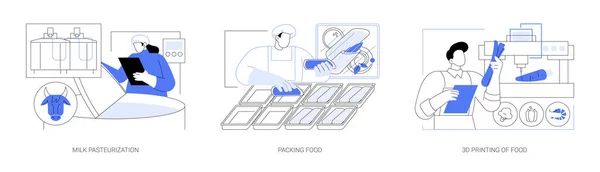 食品工程抽象概念矢量图集 牛奶巴氏杀菌 包装产品 食品3D打印 乳制品生产 保存和储存抽象比喻 — 图库矢量图片