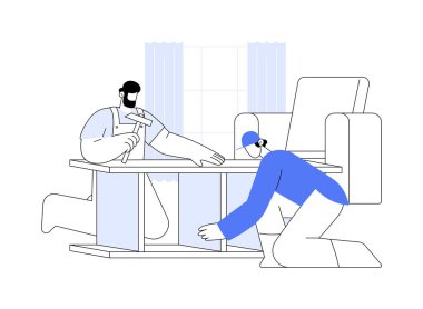 Mobilya montajı soyut konsept vektör çizimi. Yeni dairede mobilya montajı yapan bir tornavidayla bir grup tamirci, özel ev özgün iç metaforu.