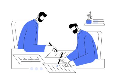 Konsept vektör çizimi için kira sözleşmesi imzalıyorum. İş ortakları ofis kiralama, emlak bürosu ile ilgili sözleşme imzaladılar. Başarılı bir anlaşma, broker soyut metaforuyla toplantı..