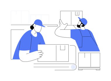 Envanter soyut konsept vektör illüstrasyonunu sıralıyorum. Ulaşım, ihracat ve ithalat işleri için envanter sıralayan fabrika işçileri, dış ticaret, mal yönetimi soyut metaforu.