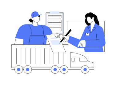 Nakliye belgeleri soyut konsept vektör çizimi. Depo işçisi nakliye belgelerini imzalıyor, ihracat sektörü, dış ticaret, sipariş soyut metaforu.