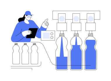 Yumuşak içecek doldurma makinesi soyut konsept vektör çizimi. Soda suyu doldurma makinesi, karbonatlı içecekler imalat, içecek üretim fabrikası, gıda endüstrisi soyut metafor.