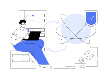 Vekil sunucu soyut konsept vektör çizimi. Proxy sunucusu, bilişim teknolojisi, bilgisayar endüstrisi, siber güvenlik uygulaması soyut metaforu ile çalışan bir veri tabanı uzmanı..