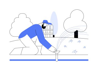 Çim sulama sistemi kurulumu soyut konsept vektör illüstrasyonu. Tamirci çimen spreyleme sistemi, dış işler, çim bakımı, soyut metaforu test etme yöntemi.