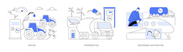 Renewable fuels abstract concept vector illustration set. Biofuel for agricultural tractors, truck filled with hydrogen fuel, sustainable aviation eco-friendly filling station abstract metaphor.