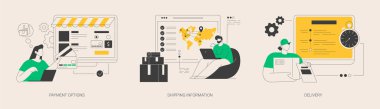 Online alışveriş sitesi soyut konsept vektör illüstrasyon seti. Ödeme seçenekleri, nakliye bilgileri, teslimat servisi, alışveriş arabası, kredi kartı, sipariş işleme, hızlı posta soyut metaforu.