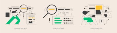 Profesyonel SEO servis soyut konsept vektör çizimi seti. Anahtar sözcük araştırma servisi ve sayfa sıralaması, kopya optimizasyonu, başarılı web kampanyası, arama motoru, web sitesi soyut metaforu.