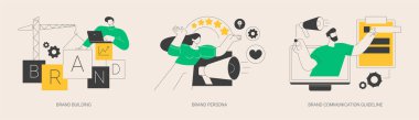 Soyut konsept vektör çizimi seti. Marka oluşturma, marka kişiliği ve iletişim kılavuzu, iletişim stratejisi, hedef pazarlama, görsel kimlik metaforu.