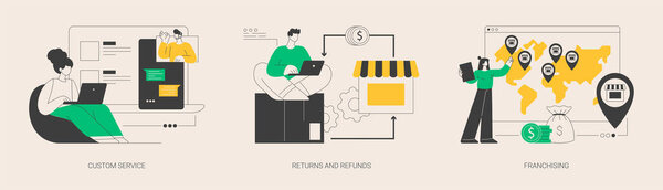 Retail market abstract concept vector illustration set. Custom service, returns and refunds, franchising, website live chat, user experience, online shopping, return goods abstract metaphor.