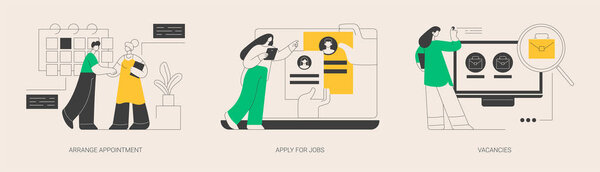 Набор абстрактных векторных иллюстраций кадровой службы. Организовать встречу, подать заявку на работу, список вакансий, начать карьеру, веб-страница компании, подать заявку онлайн, найти работу абстрактная метафора.