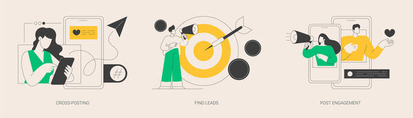 Цифровой маркетинговый абстрактный набор векторных иллюстраций. Перекрестная публикация, поиск лидеров, пост-вовлечение, обмен ссылками в социальных сетях, взаимодействие, новый клиент, smm и метафора.