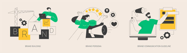 Business branding abstract concept vector illustration set. Brand building, brand persona and communication guideline, communication strategy, target marketing, visual identity abstract metaphor.