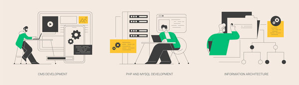 Backend development abstract concept vector illustration set. CMS development, PHP and MySql information architecture, website programmer, coding software, interface web design abstract metaphor.