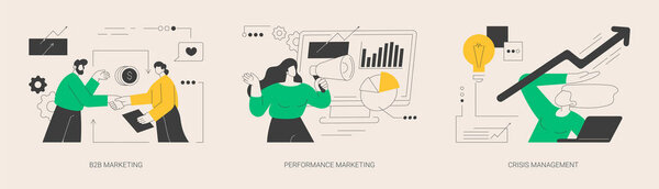 Набор абстрактных векторных иллюстраций для рекламы и консалтинга. B2B и перформанс-маркетинг, антикризисное управление, стратегия цифровой кампании, отношения в социальных сетях, посадка и метафора.
