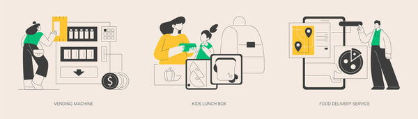 Уберите набор абстрактных векторных иллюстраций обедов и закусок. Торговый автомат, детская обеденная коробка, доставка еды, здоровые закуски, онлайн меню, питание, вынос кофе абстрактная метафора
.