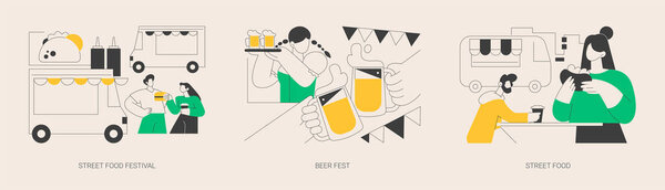 Local food event abstract concept vector illustration set. Street food festival, beer fest, truck service, chef prepare meals, international menu, street brewing, art and music abstract metaphor.