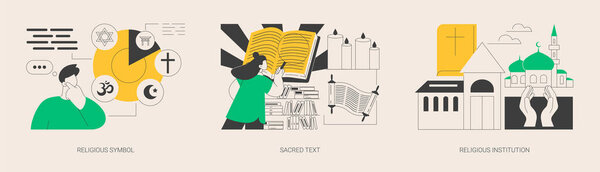 Religious practice abstract concept vector illustration set. Religious symbol, sacred text, religious institution, catholic church, holy book, torah, latin cross, star of david abstract metaphor.