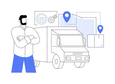 Profesyonel kamyon şoförleri soyut konsept vektör çizimi. Gülen taşıyıcı büyük kargo, taşımacılık şirketi, ihracat işi, dış ticaret, soyut metaforla ulaşım.