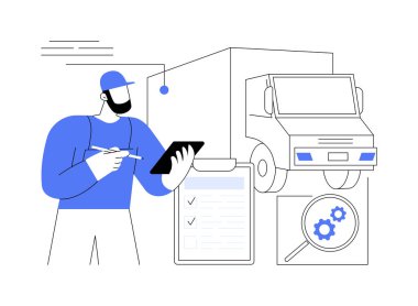 Kamyon teftişi soyut konsept vektör çizimi. Kamyon şöförü aracı kontrol ediyor, kargo bakımı, ihracat işi, karayolu ulaşımı, dış ticaret endüstrisi soyut metaforu.